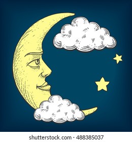 Moon with face in clouds engraving colorful vector illustration. Scratch board style imitation. Hand drawn image.