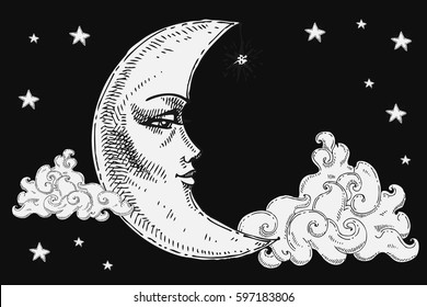 Moon with face, clouds and stars stylized as engraving. Can be used as print for T-shirts and bags, decor element. Hand drawn astrology symbol. Vector