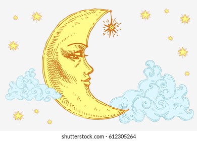 Moon with face, clouds and stars stylized as engraving. Can be used as print for T-shirts and bags, decor element. Hand drawn astrology symbol. Vector