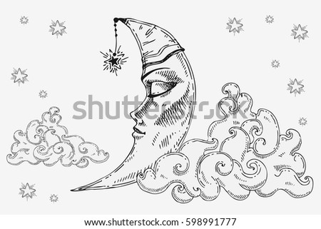 Moon with face, clouds and stars stylized as engraving. Can be used as print for T-shirts and bags, decor element. Hand drawn astrology symbol. Vector