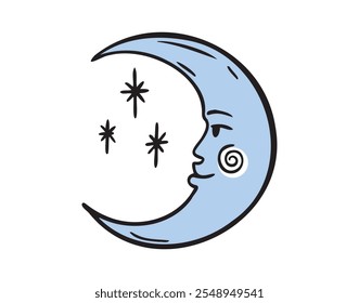 Moon face doodle element. Blue mystical cartoon whimsical boho style. Moon space cosmic line icon. Vector illustration