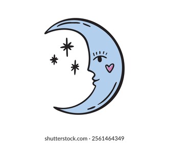 Moon face doodle element. Blue mystical cartoon whimsical boho style. Moon space cosmic line icon. Vector illustration