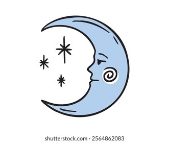 Moon face doodle element. Blue mystical cartoon whimsical boho style. Moon space cosmic line icon. Vector illustration