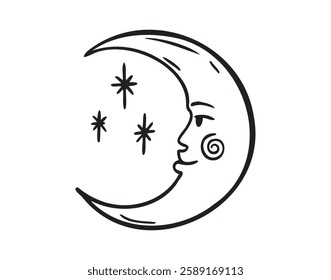 Moon face doodle element. Mystical cartoon whimsical boho style. Moon space cosmic line icon. Vector illustration