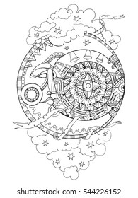 Moon with face drawing coloring book for adults vector illustration. Anti-stress coloring for adult. Tattoo stencil. Zentangle style. Black and white lines. Lace pattern