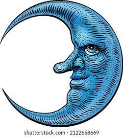 A moon face drawing in a woodcut engraving retro vintage style