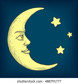 Moon With Face Engraving Colorful Vector Illustration. Scratch Board Style Imitation. Hand Drawn Image.