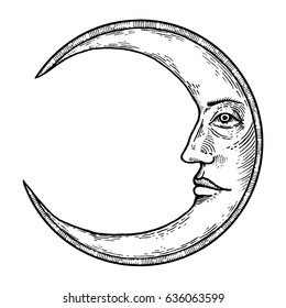 Moon With Face Engraving Vector Illustration. Scratch Board Style Imitation. Hand Drawn Image.