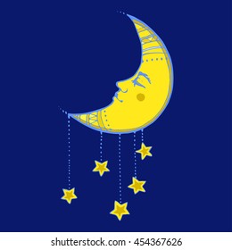 Moon with face hand drawn vintage vector illustration