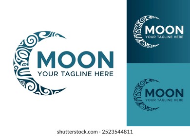 Concept de création graphique logo face à la lune. Élément de vue latérale de lune bleue modifiable dans le style tribal ethnique maori, peut être utilisé comme logotype, icône, template dans le web et l'impression.
