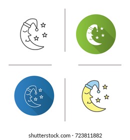 Moon with face in nightcap icon. Flat design, linear and color styles. Bedtime. Moon and stars. Night. Isolated vector illustrations
