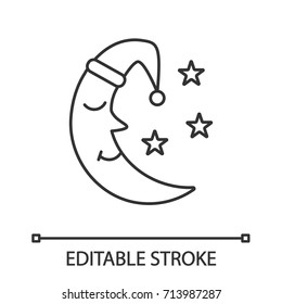 Moon with face in nightcap linear icon. Bedtime. Thin line illustration. Moon and stars. Contour symbol. Vector isolated outline drawing. Editable stroke