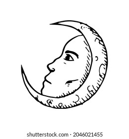 Moon with a face. Occult symbol. Vector illustration. Hand-drawn style. Isolated on white.