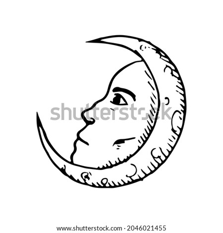Moon with a face. Occult symbol. Vector illustration. Hand-drawn style. Isolated on white.