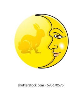 moon with face & rabbit in yellow-vector drawing