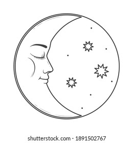 Moon with face - retro style illustration isolated on white background. Vector illustration