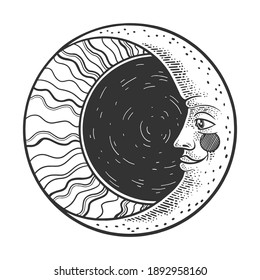 Moon with face sketch engraving vector illustration. T-shirt apparel print design. Scratch board imitation. Black and white hand drawn image.