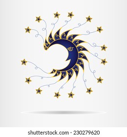 Moon face and stars around him.