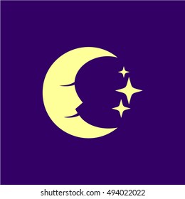 Moon face with stars and deep blue sky illustration.