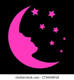 Moon face and stars, pink on a black background, sign for design, vector illustration