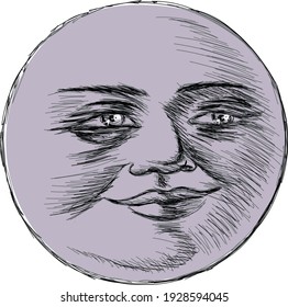 Moon Face - stylized vintage style vector 