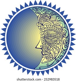 Moon face. Symbolic image of the planet Moon, crescent, in the form of a young woman face.
