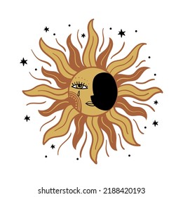 Moon with face and tear, golden rays. Vector medieval illustration, colored boho tattoo, mystical symbol. Flat icon isolated on white background.