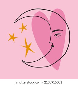 The Moon face Valentines heart card, groovy cute comic character. Boho doodle modern print funny handdrawn childish art. Vector EPS and JPG.