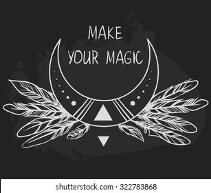 Moon and feathers on black background. Vector illustration
