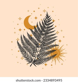 Moon with fern and stars. Hand drawn astrological symbol for printing on t-shirts and bags, decor element. Mystical and magical, astrological vector illustration