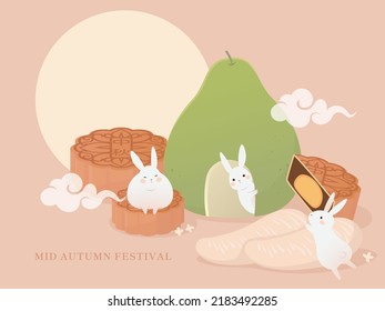 Moon Festival Card with Pomelo and Moon cake. Rabbits play on the food. Pastel color Mid autumn festival greeting card.