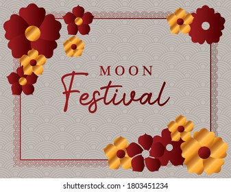 moon festival with gold red flowers and red frame design, Oriental chinese and celebration theme Vector illustration
