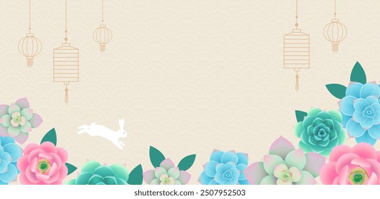 Moon festival vector background with festive lanterns, blooming flowers and jade rabbit. Mid-Autumn festival illustration with asian pattern and copy space