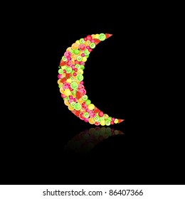 Moon filled with fruits on black background. Vector Illustration