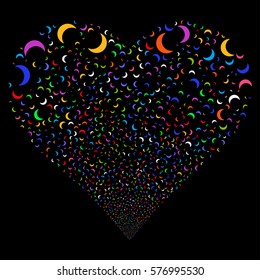 Moon fireworks with heart shape. Vector illustration style is flat bright multicolored iconic symbols on a black background. Object salute made from scattered icons.
