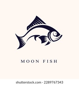 Moon Fishing logo, Black and white illustration of a fish hunting for bait. fishing  logo illustration
