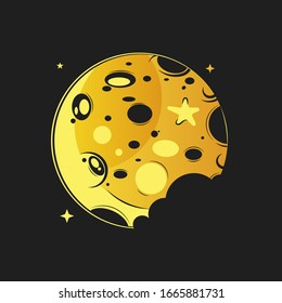 Moon In Flat Dasign Style. Night Space Astronomy And Nature Moon Icon. Vector On Dark Background. Cartoon Planet Moon Icon. Science Astronomy Earth Satellite In Space