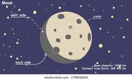 Moon in flat design style. Planet in Space , the Moon with Stars, Space Planet with Craters in the Universe. Vector illustration. infographics.