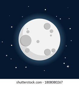 Moon in flat design style. Science astronomy Earth satellite in space. Night with Full Moon - Beautiful vector wallpaper. Vector on dark background.