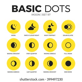 Moon flat icons set with full, new moon and last quarter isolated vector