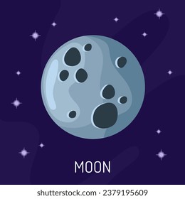 The moon is in a flat style.. The moon on a dark background with stars. Cartoon icon of the planet Moon. The science of astronomy is a satellite of the Earth in space.