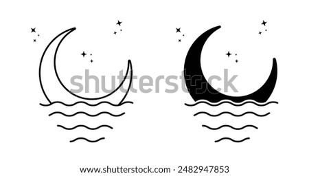 moon and flat water black white outline design