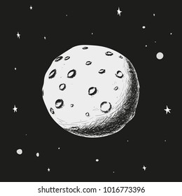 The moon floats against the starry sky. Vector drawing.