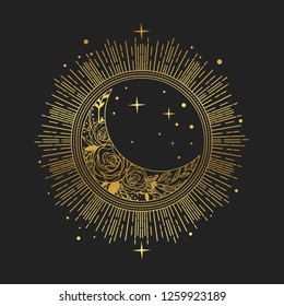 Moon With Floral Ornament. Vector Illustration In Boho Style