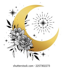 Moon with floral ornament. Vector illustration in boho style.