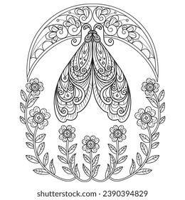 Moon flower and butterfly hand drawn for adult coloring book