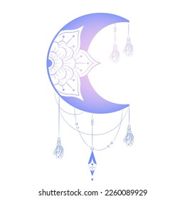 Moon with flower and tassels. Blue gradient vector illustration. Decorative oriental element and sign of boho style for print, tattoo, design, t-shirt