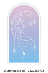 Moon with flower and tassels. Blue gradient vector illustration. Decorative oriental element and sign of boho style for print, tattoo, design, t-shirt