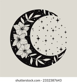 Moon and flowers. Black moon icon. Hand drawing crescent flower. Witch boho moon shape design. Ramadan symbol. Vector illustration.