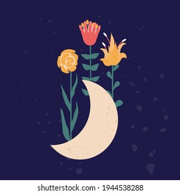Mond mit Blumen im Boho-Stil, Vektorgrafik